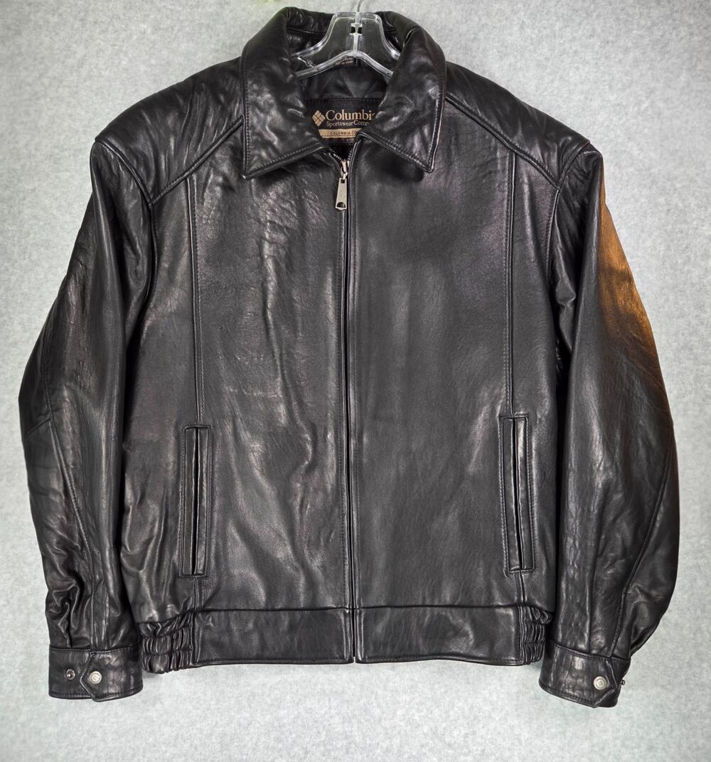 Columbia Sportswear Black Leather Moto Bomber Jacket Lined Mens L Heavyweight